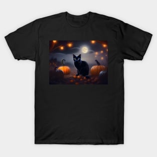 Handsome black cat in a pumpkin patch T-Shirt